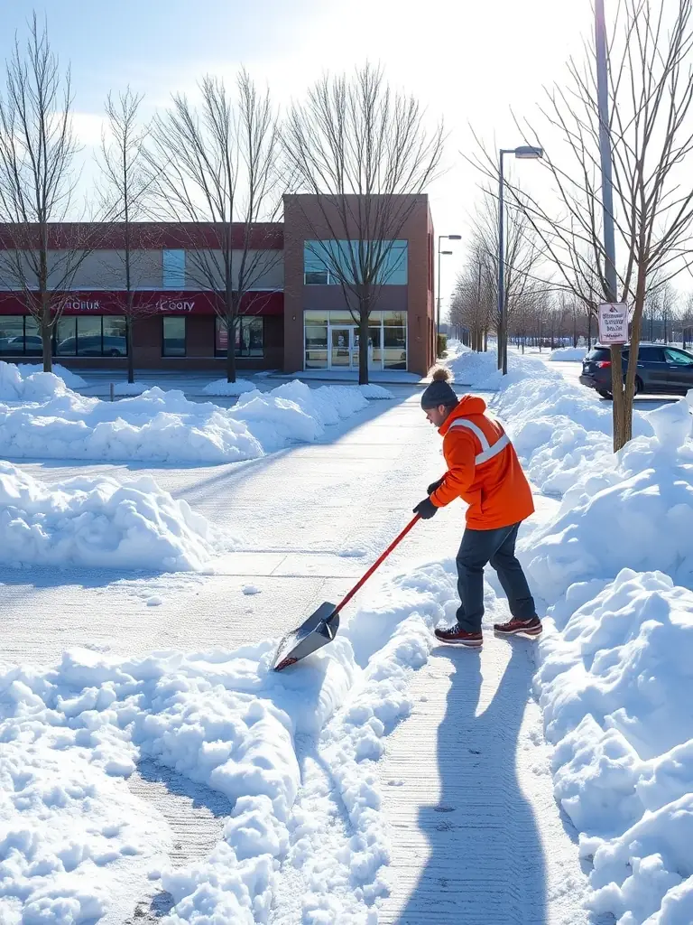 A commercial property in Northeast Ohio during winter, with snow efficiently cleared from walkways and parking areas by CompletePropertyCare's team.