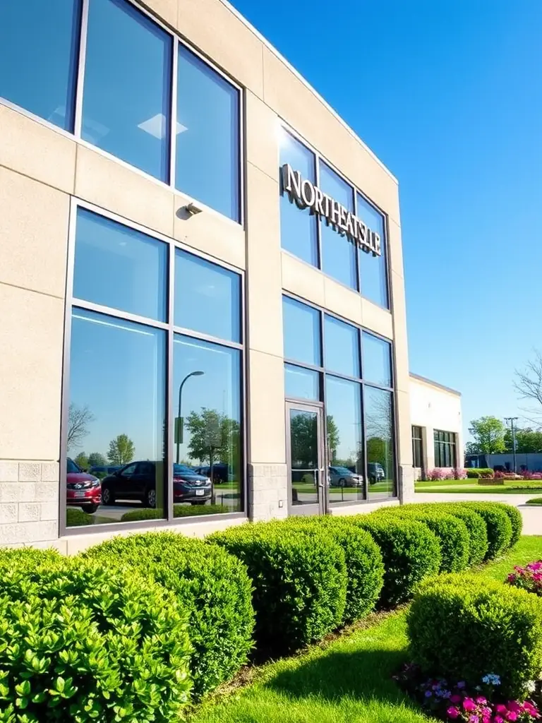 A commercial building in Northeast Ohio with clean windows and well-maintained landscaping, showcasing CompletePropertyCare's attention to detail.