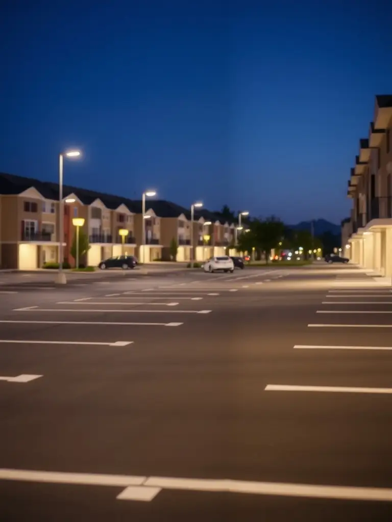 A commercial parking lot in Northeast Ohio with freshly painted parking lines and clear signage, demonstrating CompletePropertyCare's commitment to safety and organization.